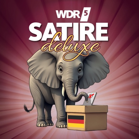 Ein Elefant steckt mit seinem Rüssel einen Wahlzettel in eine Box