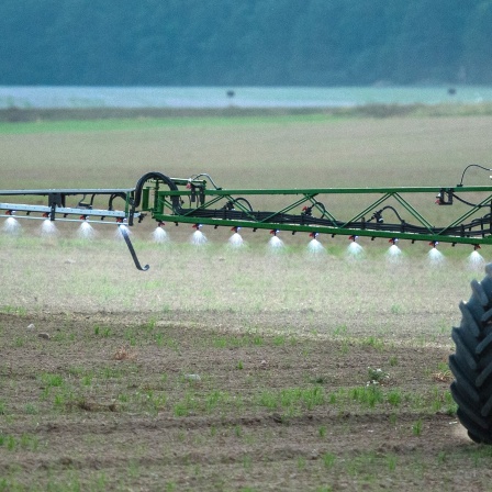 Traktor bringt Pestizide auf einem Feld aus
