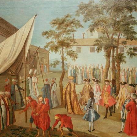 Gesandter im Topkapi Sarayi 1700 Osmanisches Reich / Aufnahme diplomatischer Beziehungen nach dem Friedensvertrag von Karlowitz vom 26.Jan.1699. - Der kaiserl.Gesandte Graf Wolfgang IV. zu Oettingen-Wallerstein im zweiten Hof des Topkapi Sarayi am 16.Februar 1700. - Gemaelde, anonym, zeitgenoessisch. Oel auf Leinwand, 106 x 125 cm. Harburg, Fuerstl. Oettingen-Wallersteinsche Sammlungen.