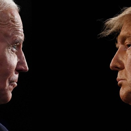 In der Collage stehen sich Joe Biden und Donald Trump gegenüber.
