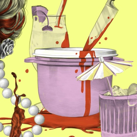 Im Zentrum des Bildes steht ein lila Plastikbehälter (Tupperware), über den ein blutiges Messer tropft. Daneben sind zwei verschiedene Cocktailgläser zu sehen. 
