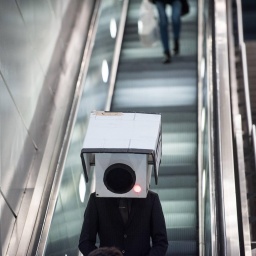 Ein Teilnehmer mit einer Maske in Form einer Überwachungskamera bei einer Aktion gegen den Ausbau von Videoüberwachung im öffentlichen Raum am Bahnhof Südkreuz in Berlin. Die Person trägt einen dunkeln Anzug und steht auf einer Rolltreppe.