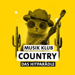 Die Zeichnung eines Kätzchens mit Brille vor gelbem Hintergrund mit Schriftzug &#034;Musik Klub Country - Das Hitparädle&#034;