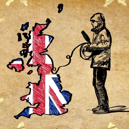 Illustration zur Serie "Brexitannia - Großbritanniens Weg aus der EU", eine Person mit Mikrofon und der Kartenumriss von Großbritannien.