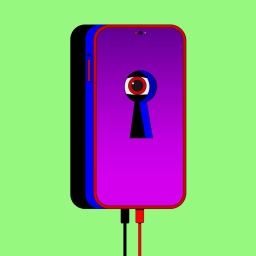Auf dem Podcast-Cover von "Dark Agent" ist eine Illustration eines Smartphones mit pinkem Display zu sehen, darauf ein Schlüsselloch, hinter dem ein Auge zu erkennen ist; das Case ist leuchtend Blau mit rotem Rand, das Smartphone wirft einen Schatten.