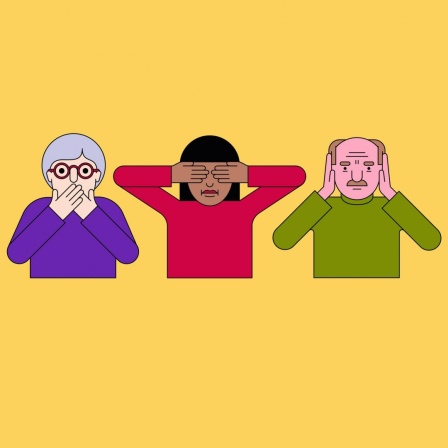 Eine Illustration zeigt einen Kopf mit zugehaltenem Mund, einen mit zugehaltenen Augen und einen anderen mit zugehaltenen Ohren nebeneinander.