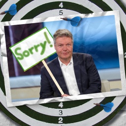 Eine Bildmontage zeigt Robert Habeck mit einem Schild, auf das das Wort Sorry gesprüht wurde.