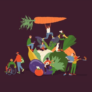 Illustration zeigt aufgetürmtes Gemüse und diverse Menschen mit gesundem Lebensstil.