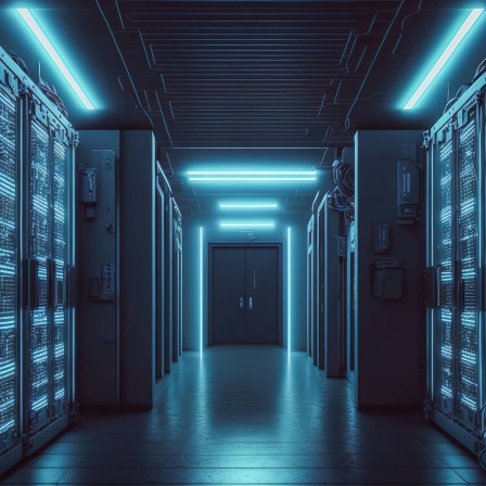 Generative KI-Illustration eines langen Korridors in einem Raum mit Rack-Computern und Cloud-Speicher