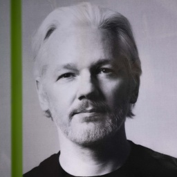 Ein Demo-Plakat vor grünem Hintergrund, das ein schwarz-weiß Porträt von Wikileaks-Gründer Julian Assange zeigt.