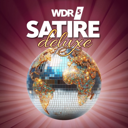 Satire Deluxe Titelbild-Montage: Planet Erde als strahlende Discokugel vor weinrotem Hintergrund