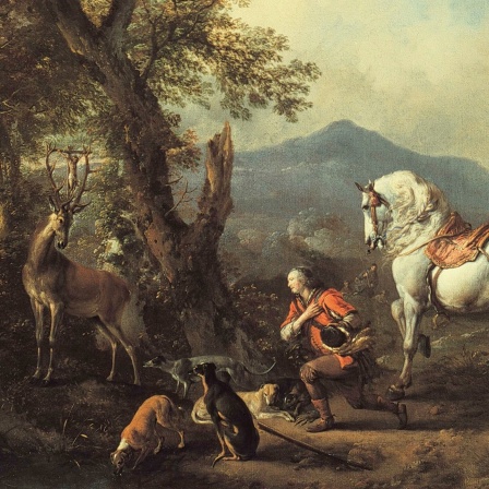 Die Bekehrung des heiligen Hubertus - Hubertus begegnet auf der Jagd einem Hirsch mit einem Kreuz im Geweih. Bild ovn Philip Wouwerman