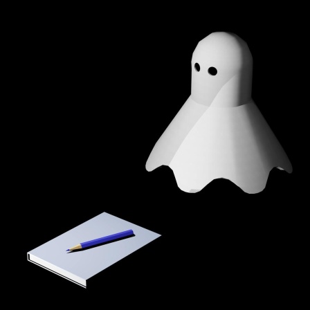 Illustration: Ein weisser Geist mit zwei Augen, Zettel und Stift liegen vor ihm.