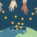Illustration: Mehrere Hände spenden Geld in eine Welt-Sparbüchse mit Schlitz.