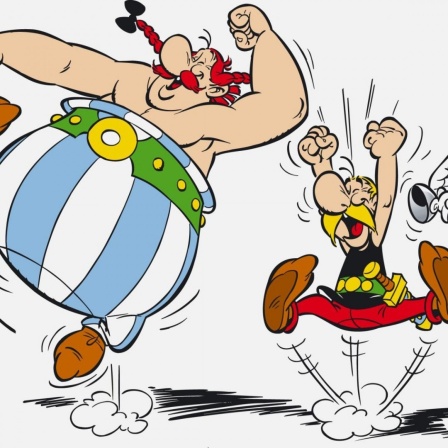 Zeichnung aus dem Comic Asterix und Obelix auf dem sie vor Freude in die Luft springen.