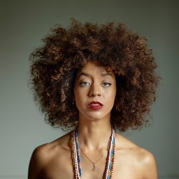 Eine Frau mit dunkelbraunem Afro, sie trägt roten Lippenstift und eine bunte Perlenkette. 