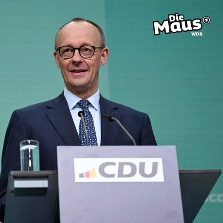 Friedrich Merz steht an einem Rednerpult und sieht fröhlich aus.