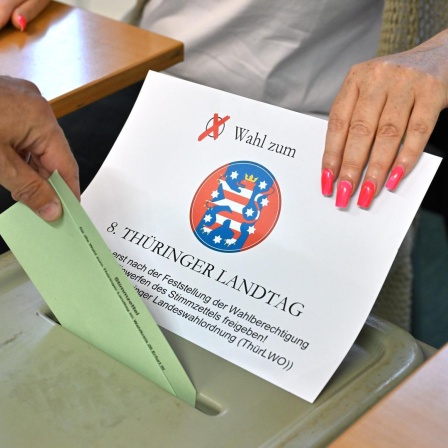 Die Hand eines Wählers steckt einen Stimmzettel in den Schlitz der grünen Wahlurne. Die Hand einer Wahlhelferin mit pinken langen Fingernägeln legt dafür die Abdeckung mit dem Schriftzug der Wahl zur Seite. 