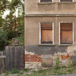 Die Fassade und Eingang eines historischen Wohnhauses in Zeitz sind verbarrikadiert und in sehr schlechtem Zustand.