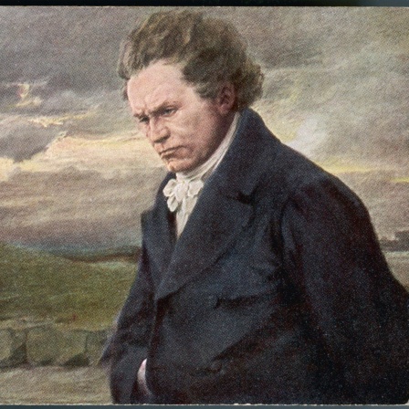 Zeichung: Ludwig van Beethoven auf einem Spaziergang an einem windigen Tag, mit einer Hand im Mantel