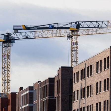 Mehrfamilienhäuser mit tausenden Wohnungen werden in einem Neubaugebiet gebaut - hinter den fertiggestellten Häusern stehen Kräne, die bereits die nächsten Wohnblöcke hochziehen.