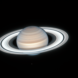 Der Planet Saturn begeistert mit seinen Ringen. Von seinen rund 150 Monden sind auf diesem Bild aber nur zwei zu erkennen.
      
