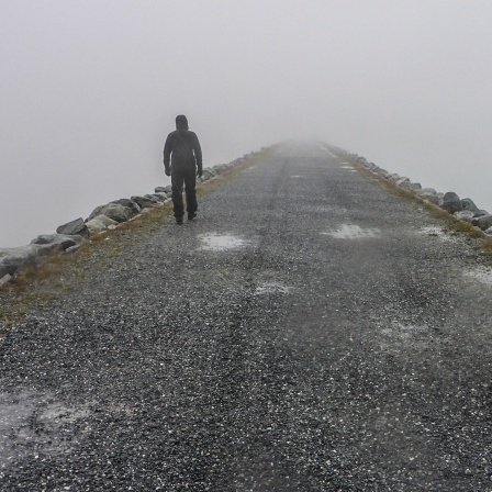 EIn Mann geht im Nebel einen Weg auf einem Damm entlang. 