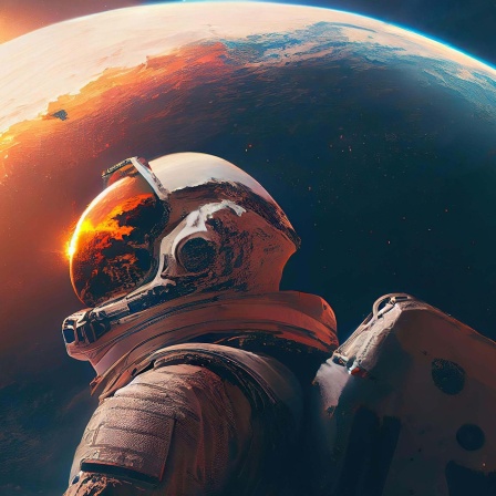 Astronaut im Weltall schaut auf die Erde.