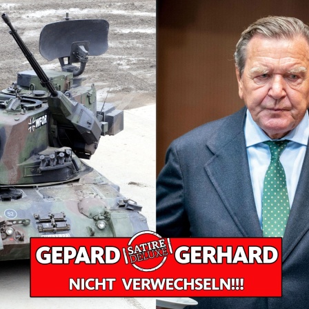Satirischer Splitscreen: Links ein Gepard-Panzer, rechts Altkanzler Gerhard Schröder, dazu der Text "Gepard - Gerhard - Nicht verwechseln!"
