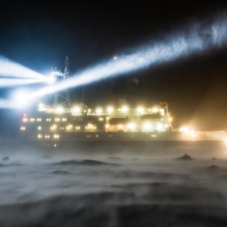 Das Forschungsschiff Polarstern während einer Eisstation mit starken Winden und einer starken Schneedrift.