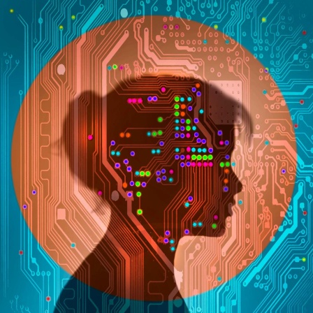 Illustration einer Frau über einer elektronischen Leiterplatte