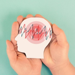 Illsutration: Auf einen Gehrin sind die Kurven eines Gehirnscans zu sehen. Über das Gehirn werden schützend Hände gehalten. 