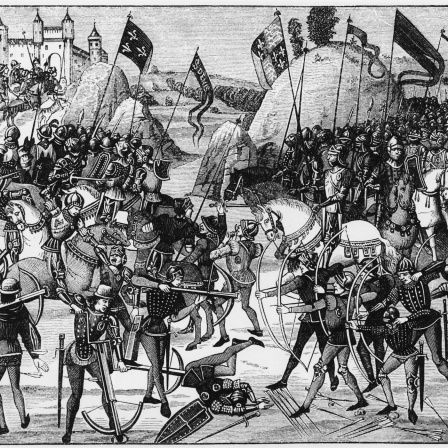 Die Schlacht von Crecy am 26.08.1346: rechts das englische Heer mit den Langbogen - Schuetzen - Stich a.d. 19.Jh nach einer zeitg. Buchmalerei. - 14. Jahrhundert