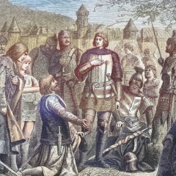 Illustration: Rudolf von Habsburg, umgeben von Rittern