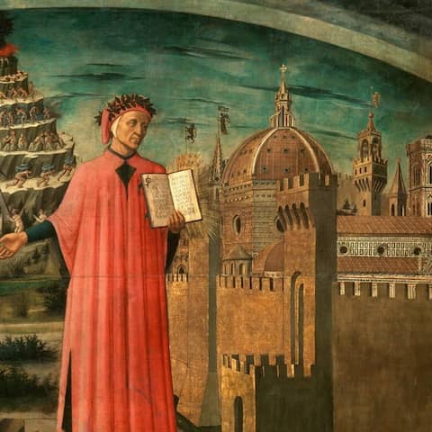 Dante Alighieri erleuchtet mit seinem Buch "Die Göttliche Kommödie” die Stadt Florenz. Links das Inferno, im Hintergrund das Purgatorio, oben das Irdische Paradies; rechts Stadtansicht von Florenz, Gemälde (1465) von Demonico di Michelino