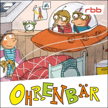 Bunte Zeichnung: ein Junge steht im Kinderzimmer im Bett, hält einen Teddy in der Hand, über dem Bett ein Raumschiff mit zwei Insassen (Quelle: rbb/OHRENBÄR/Ariane Camus)