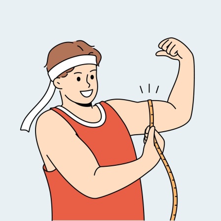 Ein Comic zeigt einen Mann, der mit einem Maßband die Größe seiner Muskeln am Arm misst.