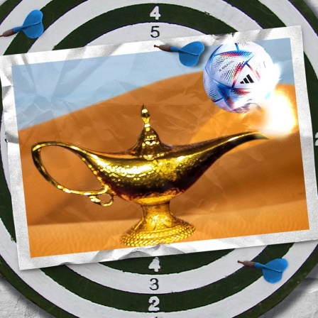 Eine Fotomontage zeigt eine Dartscheibe. Darauf ist eine Postkarte zu sehen. Sie zeigt eine märchenhafte Öllampe aus der ein Fußball aufsteigt. 