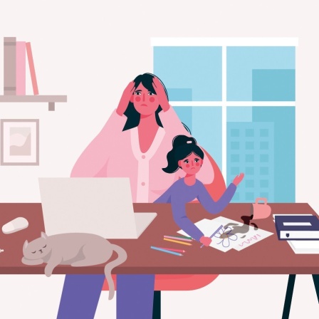 Illustration einer Frau Zuhause am Laptop, mit einem spieleden Kleinkind und einer schlafenden Katze auf dem Schreibtisch.