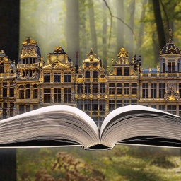 Buch, auf dem Häuser stehen im Wald.