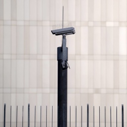 Eine einzelne Überwachungskamera vor einem grauen Gebäude