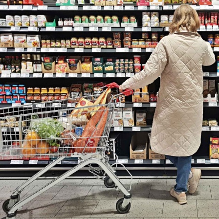 Kundin mit Einkaufswagen in einem Supermarkt