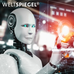 Ein Roboter klickt auf einen durchsichtigen Bildschirm