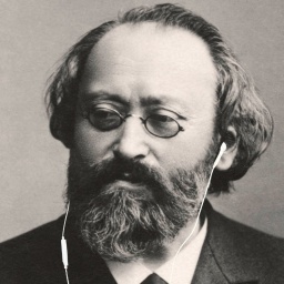 Komponist Max Bruch mit In-ear-Kopfhörern (Bildmontage).