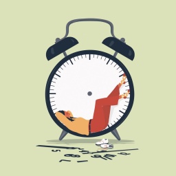 Illustration: Frau entspannt sich in einer Uhr ohne Zeiger.