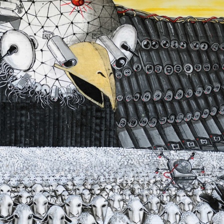 Wandgemälde zu NSA-Spähprogrammen: Das Gemälde zeigt das Wappentier der USA, einen Weißkopfseeadler, dessen Flügel aus Überwachungskameras bestehen, die auf eine Schafherde gerichtet sind.