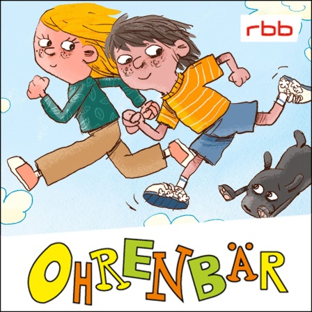 Bunte Zeichnung: ein Junge und ein Mädchen laufen über Wolken, ein Hund springt hinterher (Quelle: rbb/OHRENBÄR/Nikolai Renger)