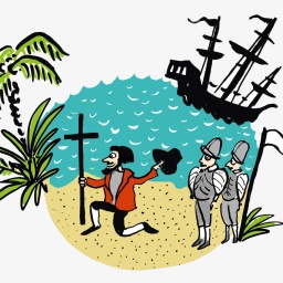 Eine Zeichnung zeigt Christoph Kolumbus an einem Palmenstrand