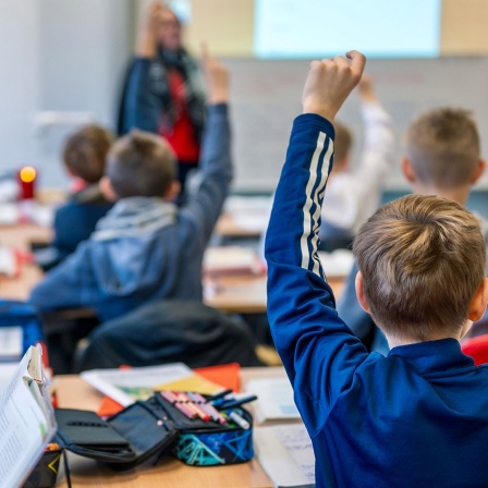 Kinder sitzen in einer Schulklasse und melden sich.