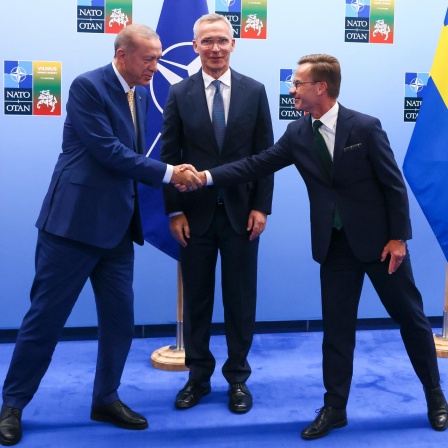 Nato-Gipfel in Vilnius: Der türkische Präsident Erdogan schüttelt die Hand von Schwedens Premierminister Ulf Kristersson.